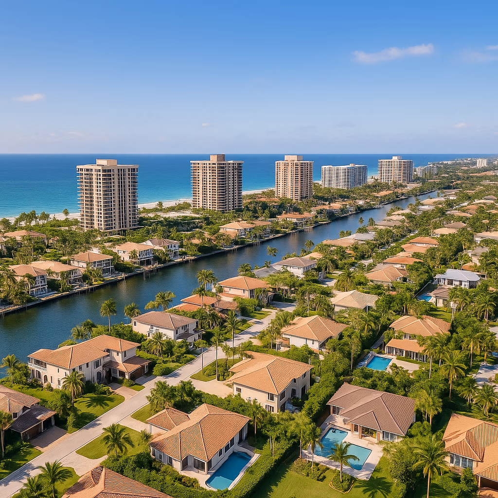 Hyperrealistic aerial view of Boca Raton, Florida showcasing luxury condos and single-family homes with palm trees, waterways, and oceanfront lifestyle under bright Florida sunshine.